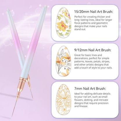 5Pcs Nail Art Liner Brushes For UV Gel Polish, Metal Handle Thin Lines Fine Drawing Pen Painting Striping Detail Design Nails Brush Set Manicure DIY Tool, Sizes 7/9/12/15/20mm（Gradient powder） - color: Gradient Powder