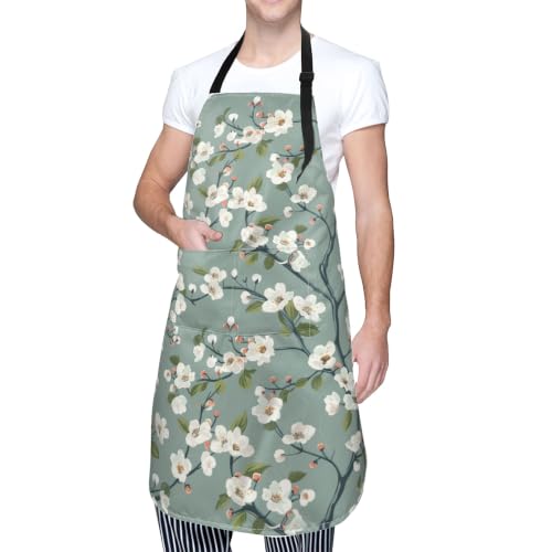 Cream Pastel Wildflower Art Waterproof Apron with Pockets | Garden Aprons for Men Women Adjustable Bib Apron for Cooking Kitchen Baking BBQ Painting Housework Oil Resistant - color: Sage White Blossom