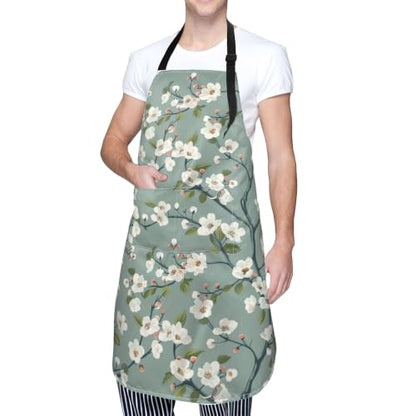 Cream Pastel Wildflower Art Waterproof Apron with Pockets | Garden Aprons for Men Women Adjustable Bib Apron for Cooking Kitchen Baking BBQ Painting Housework Oil Resistant - color: Sage White Blossom