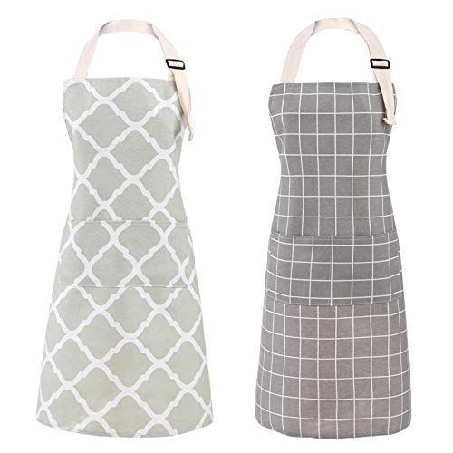 Tosewever 2 Pack Cotton Adjustable Bib Apron for Women, Cooking Kitchen Aprons with Pockets BBQ Drawing, Mom Woman Men Chef (Cotton - Grey/Green, 2) - color: Cotton - Grey/Green