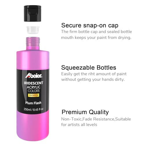 ABEIER Iridescent Acrylic Paint, Set of 20 Chameleon Colors, 8.45 oz/250ml Large Bulk Bottles, Color-shifting, Non-Toxic, High Viscosity, Blendable, Paints on Rocks Crafts Canvas Wood, Fabric, Ceramic & Stone - color: 20 Colors