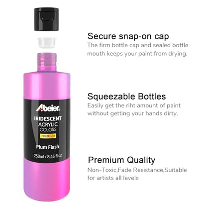 ABEIER Iridescent Acrylic Paint, Set of 20 Chameleon Colors, 8.45 oz/250ml Large Bulk Bottles, Color-shifting, Non-Toxic, High Viscosity, Blendable, Paints on Rocks Crafts Canvas Wood, Fabric, Ceramic & Stone - color: 20 Colors