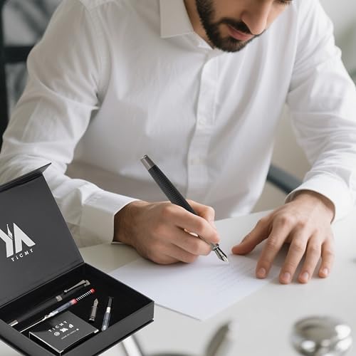 Fancy Fountain Pen Set – Fine & Medium Nibs, Includes 18 Ink Cartridges, Ink Converter, Syringe Filler, Luxury Gift for Writing, Journaling & Calligraphy，Black - color: Black