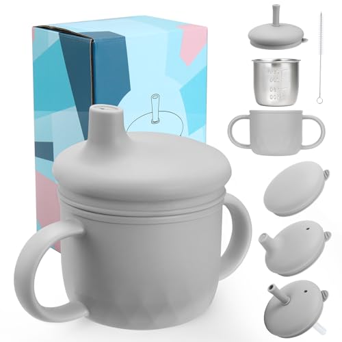 Mity rain 3-In-1 Stainless Steel Sippy Cup for 6+ Month Old, Baby Straw Cups for Toddlers 1-3 with Travel Lid, Silicone Straw, Replacement Straw & Cleaning Brush - 8oz Toddler Cups Spill Proof Set - color: Gray