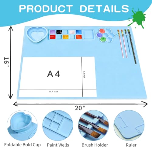 Silicone Painting Mat, 20"X16" Large Silicone Art Mat with Cup, Easy Clean Up, Protects Surfaces Perfectly for Paint, Color, Play with Clay/Play Dough (Blue) - color: Blue