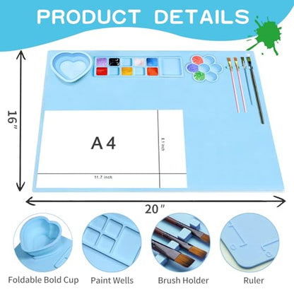 Silicone Painting Mat, 20"X16" Large Silicone Art Mat with Cup, Easy Clean Up, Protects Surfaces Perfectly for Paint, Color, Play with Clay/Play Dough (Blue) - color: Blue