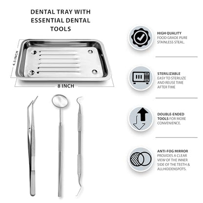 Adults Basic Economy Professional Dental Hygiene Kit With Tray Plaque Remover Set, Stainless Steel Tools, Tarter Scraper, Tooth Pick, Dental Scaler and Mouth Mirror Plier + Tray Instruments Home (15)