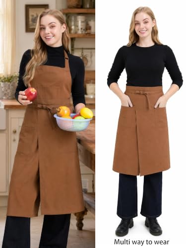 Molaxhome Split Apron with 3 Pockets,Unisex Pottery Apron with Adjustable Strap for Kitchen Ceramics - color: Brown