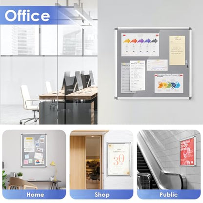 SWANCROWN 24x18 in Enclosed Bulletin Board, Lockable Noticeboard, Grey Felt | 3xA4, Tamperproof, Shatterproof, Wall Mount, Silver Aluminum Frame, Display Case for Notice, Message, Menu, Poster - color: Sliver-g, size: 24x18 in