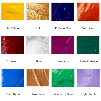 Mont Marte Signature Acrylic Color Paint Set, 12 x 16.9oz (500ml), Semi-Matte Finish, 12 Vibrant Colors, Suitable for Canvas, Wood, Fabric, Leather, Cardboard, Paper, MDF and Crafts