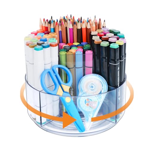 Pencil Holder for Desk, 360-Degree Rotating Pen Marker Crayon Organizer, Spinning Acrylic Desk Pen Organizer Storage, 5 Slots Large Capcaity Caddy for Home Office School Kids Art Supplies - size: Diameter 6.9"
