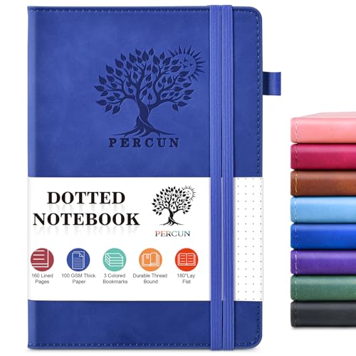 PERCUN A5 Dotted Journal Notebook, Leather Hardcover Notebook 5.9"×8.5" | 160 Dotted Pages Journal for Women & Men, Dot Grid Notebook for Writing, Work, School, Travel Daily Diary, Bullet Journaling - color: Dark Blue, size: Dotted Page