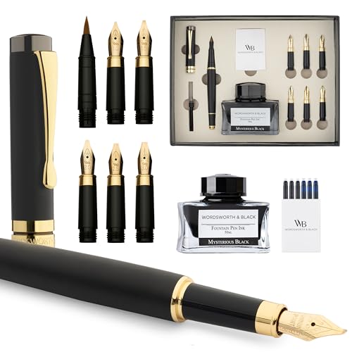 Wordsworth & Black Calligraphy Pen Gift Set, Includes Ink Bottle, 6 Cartridges, Refill Converter, 6 Replacement Nibs, Luxury Bamboo, Journaling, Smooth Writing Pens [Black Wood] - color: Black Wood