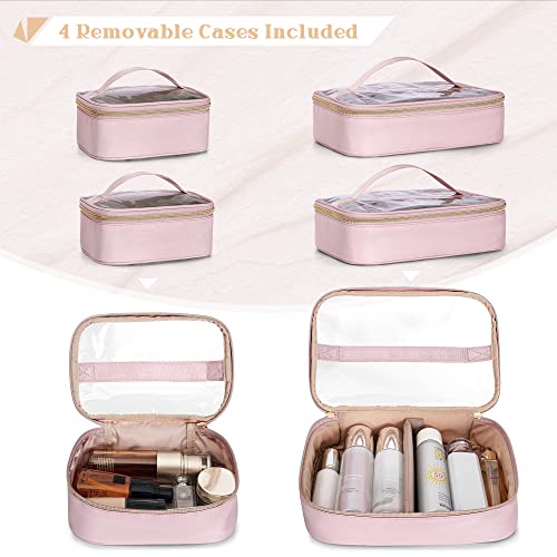 Professional Makeup Artist Travel Case with 4 Detachable Cosmetic Bags, Large Make up Organizer Bag with Makeup Kit Storage Section and Hair Tools Pocket, Pink (Empty Bag Only) - color: Pink