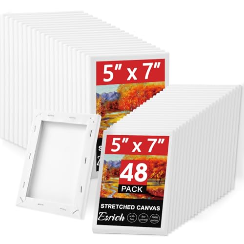 ESRICH Stretched Canvas for Painting 5x7, 48 Pack Small Canvases for Painting 5/8" Profile Primed Acid-Free Blank Painting Canvas for Kids & Artists for Decorations, Painting Parties. - size: 5x7IN 48Packs