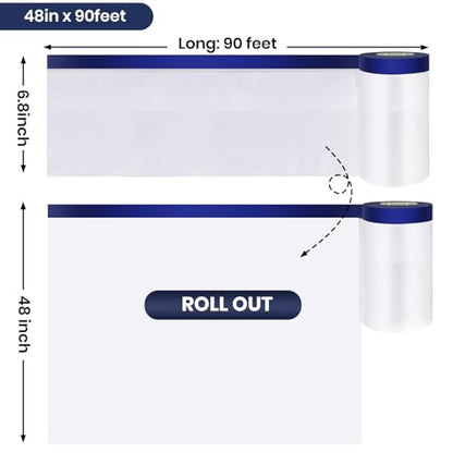 ADHES Painters Plastic with Tape, 48 inch x 90 feet x 3 Rolls Painters Tape with Plastic Attached, Pre Taped Masking Film Tape and Drape for Automotive Painting Covering - size: 48inch