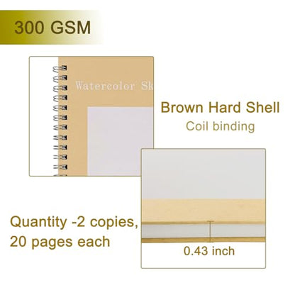 Set of 2, Each with 20 Sheets, 7.5 x 5.1 Inches, 140 lb Cold Press Watercolor Paper, 1150 GSM Brown Hard Cover, Spiral Bound, White Pages for Drawing and Painting