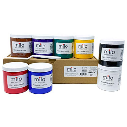 milo Acrylic Paint Set of 8 Colors | 8 ounce Jars | Heavy Body Acrylic Painting Set | Made in the USA | Non-Toxic, Holds Texture and Brush Strokes - style: Heavy Body Set 8 x 8 oz