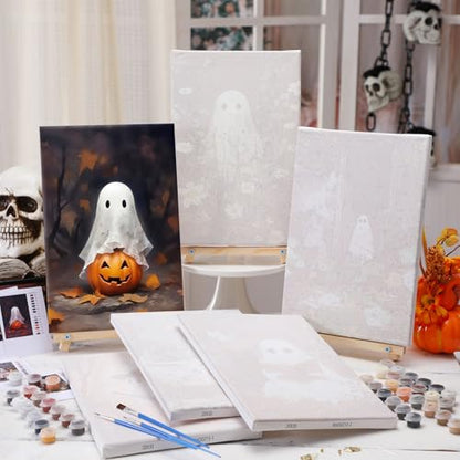 YooNotee 6 Pack Ghost Paint by Numbers Kit on Canvas with Wooden Easels & Brushes, 12x8 Inch Halloween Canvas for Adults Art Set Easy Acrylic Ghost Paint Kit Beginners for Halloween Home Decor - style: Ghost