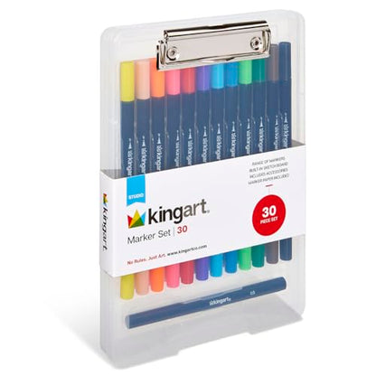 KINGART Studio Marker Set with Drawing Board Case, 30 Pcs, Twin-Tip Markers, Drawing Board with 16 Sheets