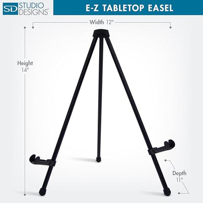 SD Studio Designs E-Z Tabletop Easel – Portable Folding Metal Art Easel for Painting, Drawing, Canvas & Display – Lightweight Steel, Black - size: 12" W x 11" D x 14" H, style: Tabletop