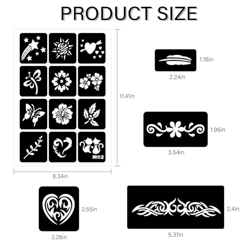 12 Temporary Tattoo Stencils,142 PCS Henna Stencils Reusable Tattoo Stencils for Face Body Art Painting for Women Men Adults Kids - color: 12 sheets, 142 pcs