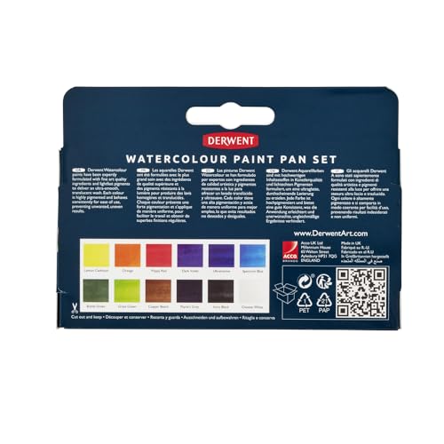 Derwent Watercolour Paint Pan 12 Set, Set of 12, Half Pan Size, Water-Soluble, Ideal for Painting, Professional Quality, Travel Size, 2306323