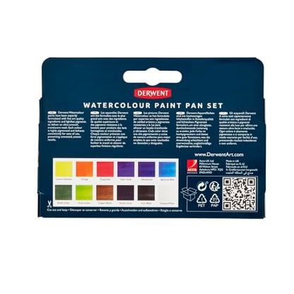 Derwent Watercolour Paint Pan 12 Set, Set of 12, Half Pan Size, Water-Soluble, Ideal for Painting, Professional Quality, Travel Size, 2306323