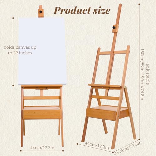 H Frame Easel with Drawer, French Style Artist Easel Solid Beech Wood Adjustable Height 59" to 75" Painting Canvas Holder Stand Tilts Flat Easels for Oil Painting Studio Classroom Adult Kids Wooden C