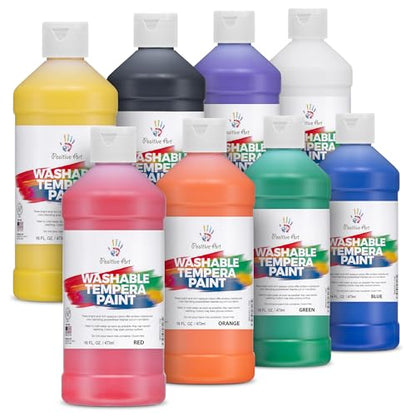 Positive Art Washable Paint for Kids – (8 Colors, 16 oz Each) Made in USA, Non-Toxic Tempera Paint Set – Bulk Classroom Paints for Students, Finger Painting, School Use – 8 Pack