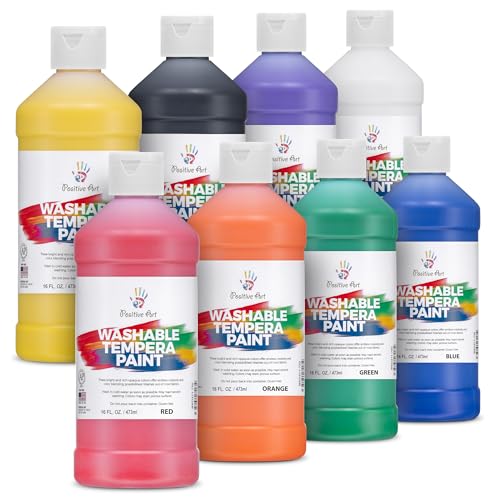 Positive Art Washable Paint for Kids – (8 Colors, 16 oz Each) Made in USA, Non-Toxic Tempera Paint Set – Bulk Classroom Paints for Students, Finger Painting, School Use – 8 Pack