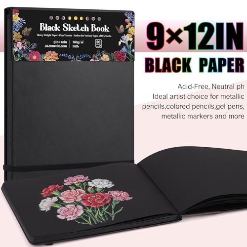 50 Sheets Black Paper Sketchbook 9×12in, 98lb/160gsm Heavyweight Black Sketch Pad, Acid-Free Drawing Paper, Spiral Bound Sketch Book for Kids, Teens, Artist - size: 9×12 Inch (1 Pack)