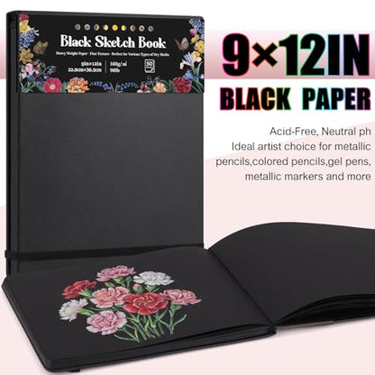 50 Sheets Black Paper Sketchbook 9×12in, 98lb/160gsm Heavyweight Black Sketch Pad, Acid-Free Drawing Paper, Spiral Bound Sketch Book for Kids, Teens, Artist - size: 9×12 Inch (1 Pack)