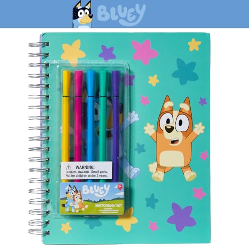 Bluey Sketchbook for Kids with Washable Markers, 86 Blank Pages Spiral Bound, Turquoise - color: Blueey