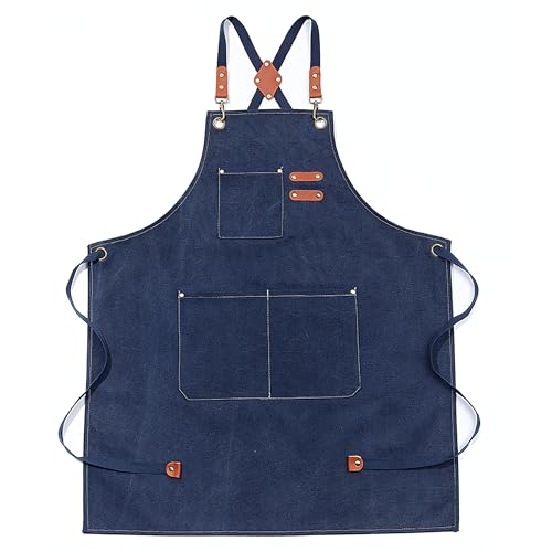 Multi-Pocket Waterproof Oil-Proof Canvas Cotton Apron Cross-Back Adjustable Straps For Chefs Barbers Carpenters - color: Blue