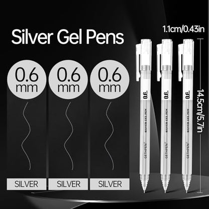 GETHPEN 0.6mm Fine Point Silver Gel Pens, 3-Pack for Artists Drawing on Black Paper, Sketching, Adult Coloring Books & Modern Crafts - size: 0.6 mm, style: 3 Pack Silver