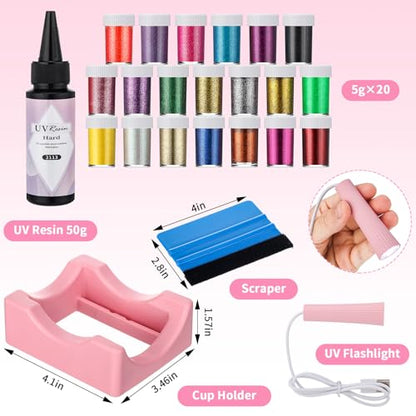 Meanplan 6 Pack DIY Plastic Snow Globe Tumbler Supplies Kit 16oz Pre Drilled Double Wall Clear Cup 20 Colors Glitter Squeeze Bottle Funnel Tweezer Bent Syringe UV Resin Flashlight Cup Holder Scraper