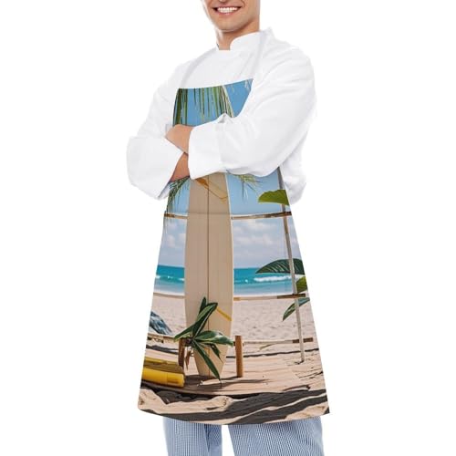 Bib Aprons Waterproof Chef Apron Fashion Painting Artist Apron | Surfboard on Wooden Apron for Men Women Adjustable Cooking Apron Funny Kitchen Aprons Polyester Art Aprons