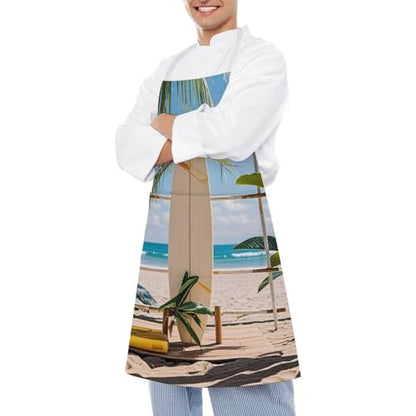 Bib Aprons Waterproof Chef Apron Fashion Painting Artist Apron | Surfboard on Wooden Apron for Men Women Adjustable Cooking Apron Funny Kitchen Aprons Polyester Art Aprons