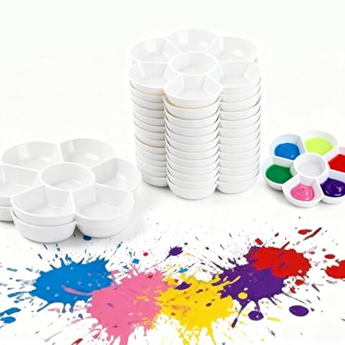 30 Pack 6.7" Round Paint Palettes, 7 Well Flower Petal Painting, White Plastic Paint Mixing Tray Watercolor Painting Dish for Oil DIY Art Gouache