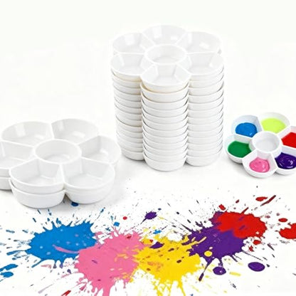 30 Pack 6.7" Round Paint Palettes, 7 Well Flower Petal Painting, White Plastic Paint Mixing Tray Watercolor Painting Dish for Oil DIY Art Gouache