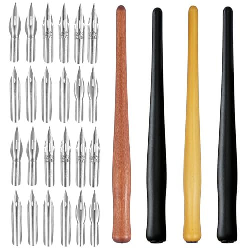28 Pcs Dip Pen Set Comic Pen Nibs Set Nibs Holders with Comic Calligraphy Wooden Drawing Pen Holder with Stainless Steel Nib for Writing Painting Signing Present