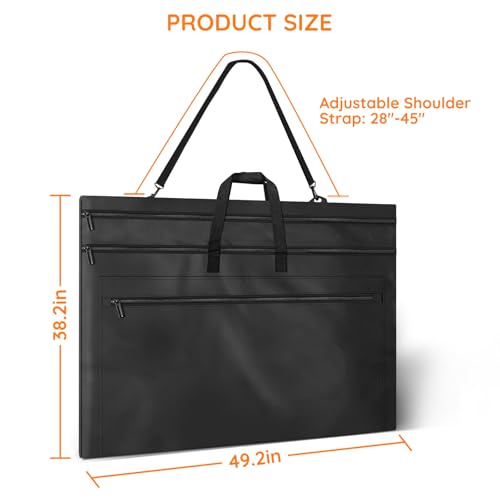 ZKOO Light Weight Art Portfolio Bag, 36 x 48 Extra Large Art Portfolio Case with Detachable Shoulder Strap, Carrying Storage Case for Artwork, Canvas, Poster, Sketching, and Drawing (Black) - size: 36 x 48