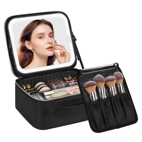 Chomeiu Makeup Bag with LED Mirror, Travel Makeup Case for Women and Makeup Artists Cosmetic Organizer Large Make Up Bags with Light Up Mirror, 3 Color Lights, Adjustable Dividers and Brush Holder - color: 01-Black, size: A-Small