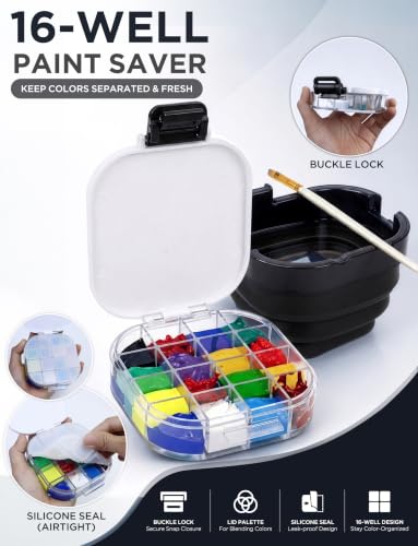 16-Well Airtight Gouache Palette Box with Lid & Foldable Water Cup, Black | Compact Travel Design, Refillable Paint Storage Suitable for Watercolor & Acrylic - color: Black