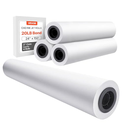 VEVOR Wide Format Paper, 24 in x 150 ft Plotter Paper, 4 Rolls CAD Bond Rolls with 2 in Core, 20 LB Bond Paper Rolls, Idea for CAD Drawings, Engineering Plans, GIS Maps & Architectural Designs - size: 24 in x 150 ft, style: 4 Rolls
