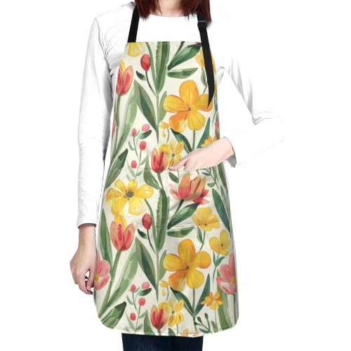 Fresh Meadow Floral Waterproof Apron with Pockets | Housework Aprons for Men Women Adjustable Bib Apron for Cooking Kitchen Baking BBQ Painting Garden Oil Resistant - color: Cream Watercolor Floral