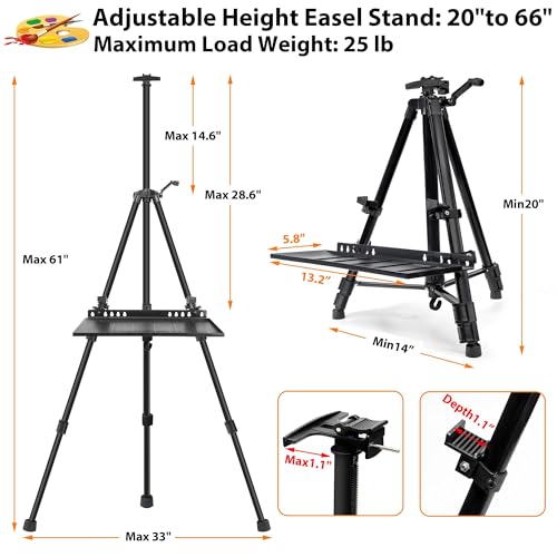 Easel Stand for Painting Artist Easel Stand Adjustable Height 20" to 61" Metal Tripod Art Easels Stand for Painting Canvases Tabletop Floor Art Easel Stand with Tray, Bag, Folding Keg, Black