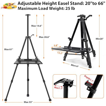 Easel Stand for Painting Artist Easel Stand Adjustable Height 20" to 61" Metal Tripod Art Easels Stand for Painting Canvases Tabletop Floor Art Easel Stand with Tray, Bag, Folding Keg, Black