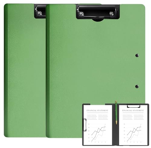2 Pack Foldable Clipboards, A4 Office Clipboard Folder with Double Metal Clips, 360 Degree Foldable Binder Clipboard with Pen Holder, File Cover Work Folder Clipboards, Green - style: 2Pack- Green